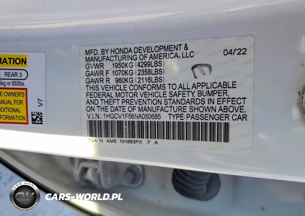 2022 Honda Accord Exl VIN:1HGCV1F56NA050685 - 12