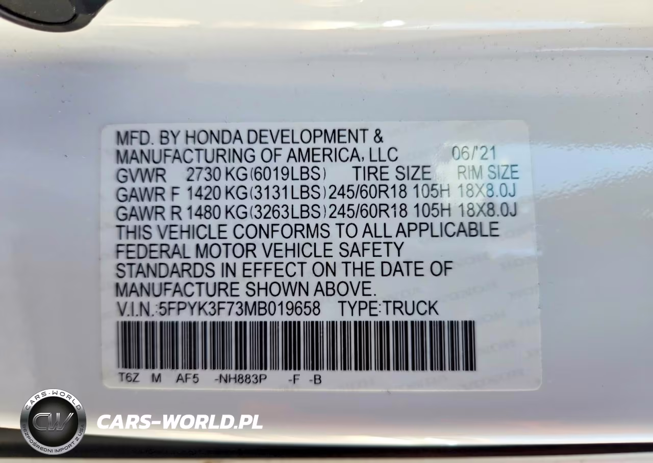 2021 Honda Ridgeline Rtl VIN:5FPYK3F73MB019658 - 12