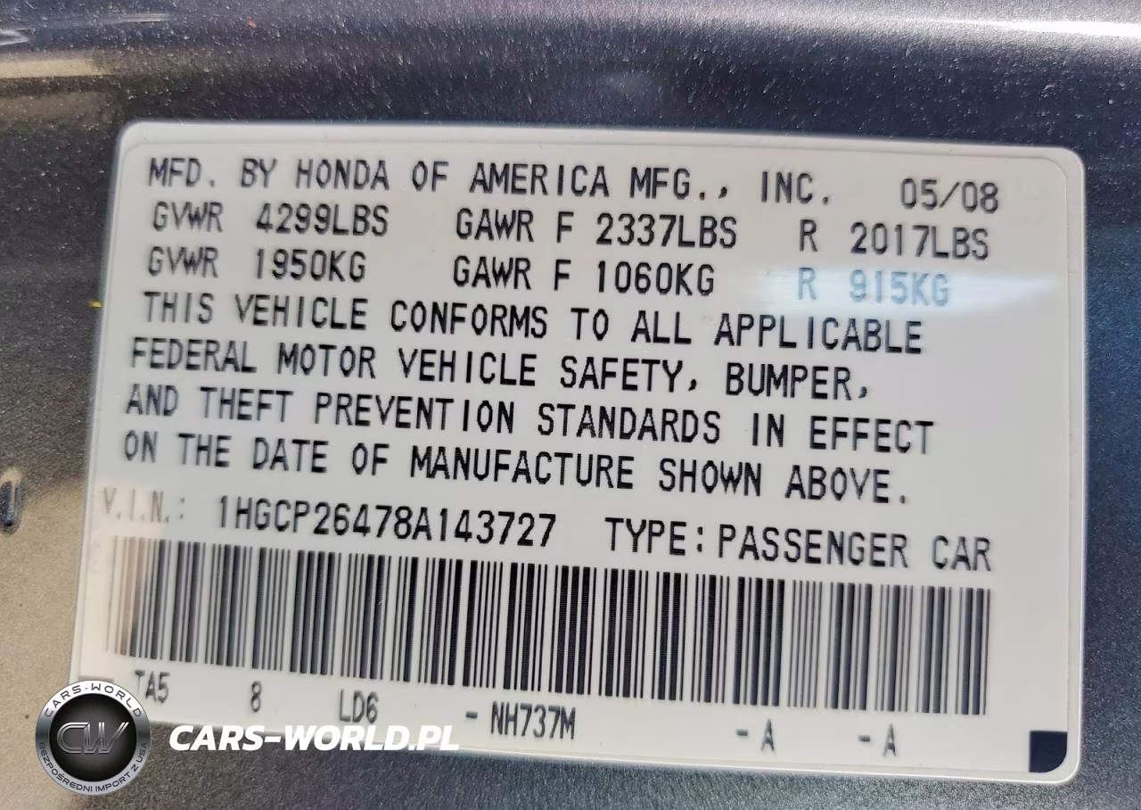 2008 Honda Accord Lxp VIN:1HGCP26478A143727 - 12