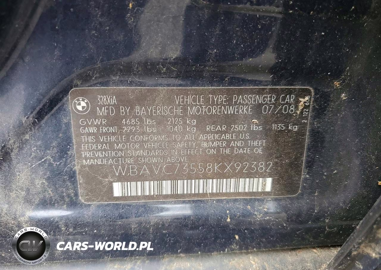 2008 BMW 328 Xi Sulev VIN:WBAVC73558KX92382 - 12