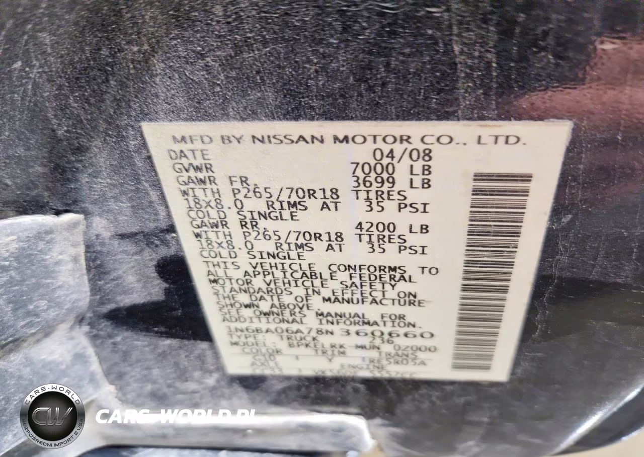 2008 Nissan Titan Xe Ffv VIN:1N6BA06A78N360660 - 12