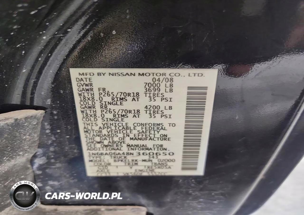 2008 Nissan Titan Xe Ffv VIN:1N6BA06A48N360650 - 12
