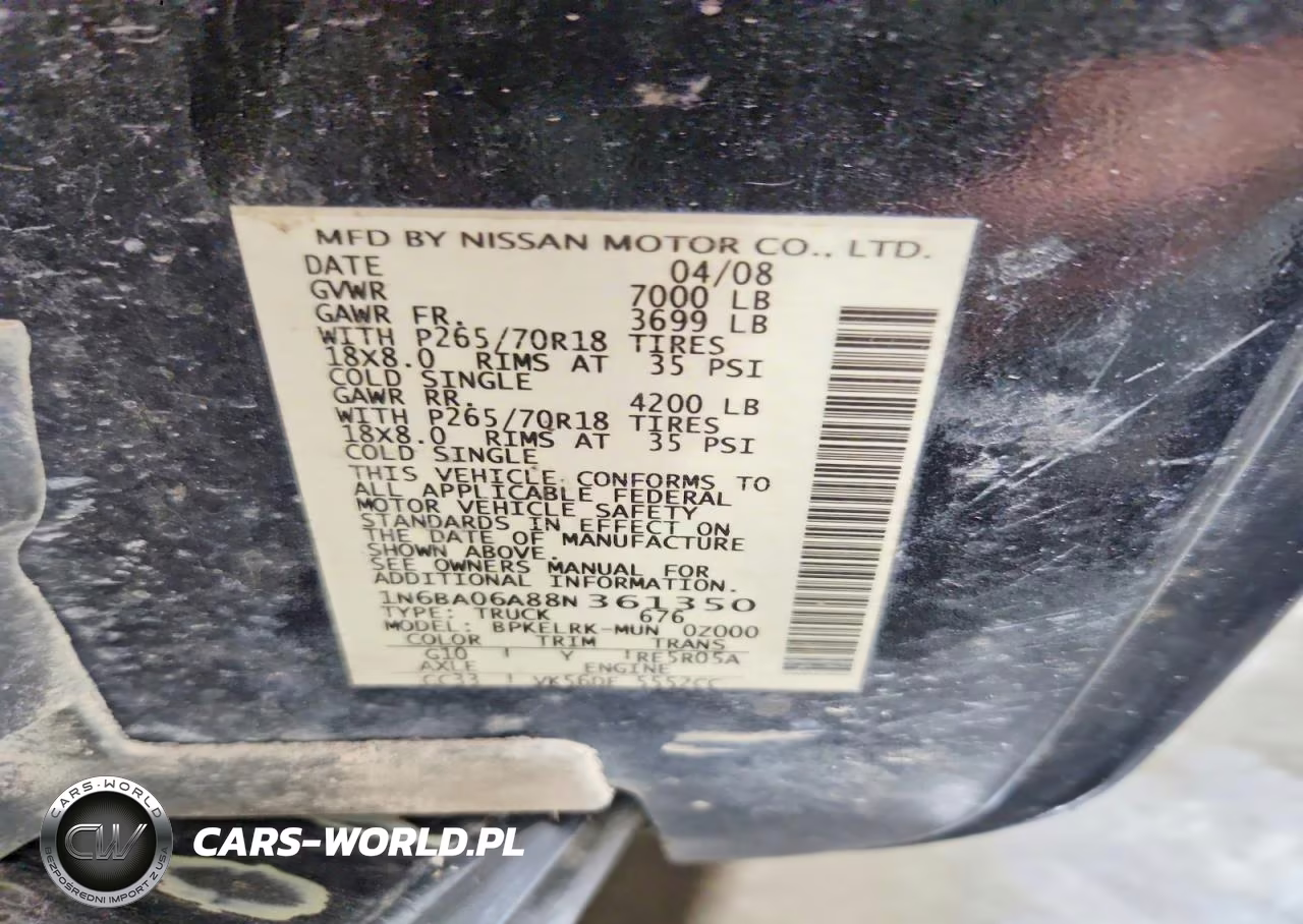 2008 Nissan Titan Xe Ffv VIN:1N6BA06A88N361350 - 13