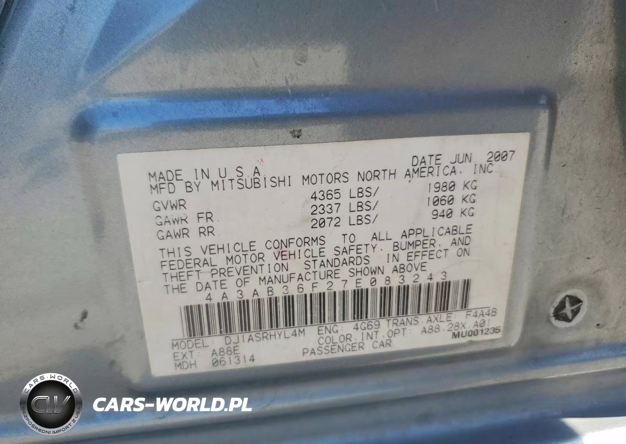 2007 Mitsubishi Galant Es VIN:4A3AB36F27E083243 - 13
