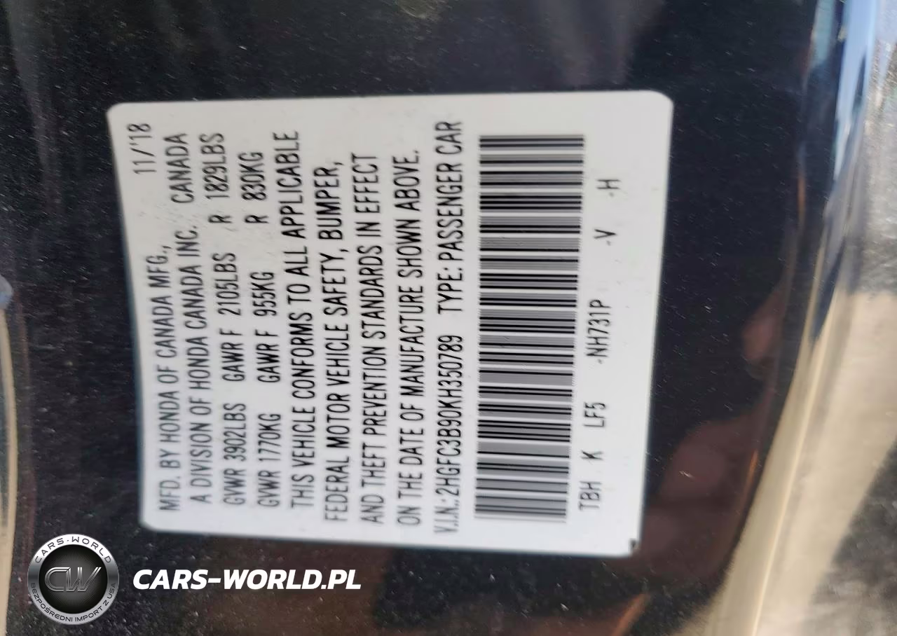 2019 Honda Civic Touring VIN:2HGFC3B90KH350789 - 12