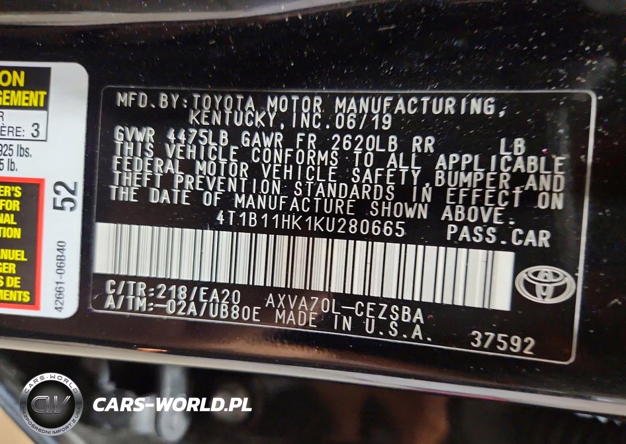 2019 Toyota Camry Se VIN:4T1B11HK1KU280665 - 12