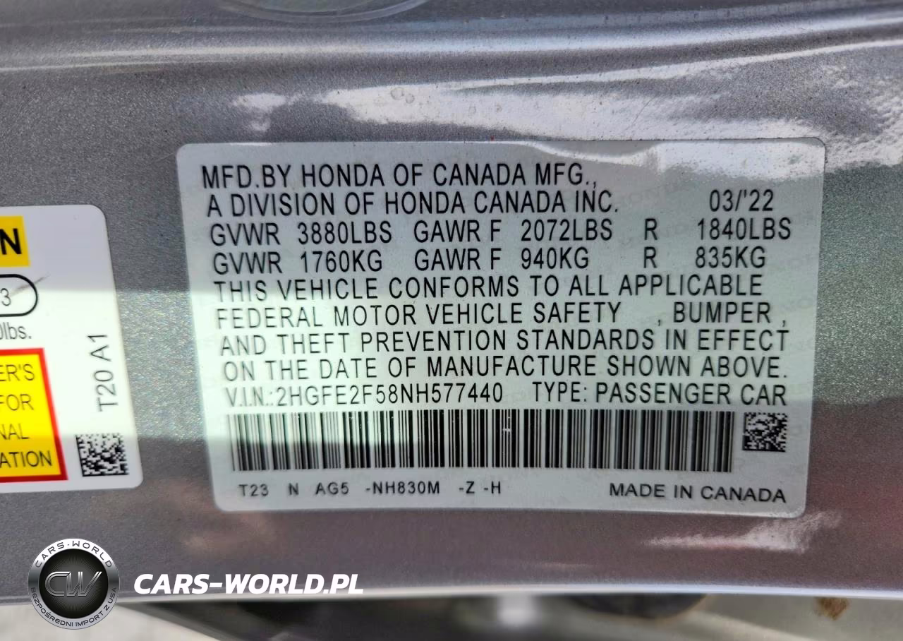 2022 Honda Civic Sport VIN:2HGFE2F58NH577440 - 12