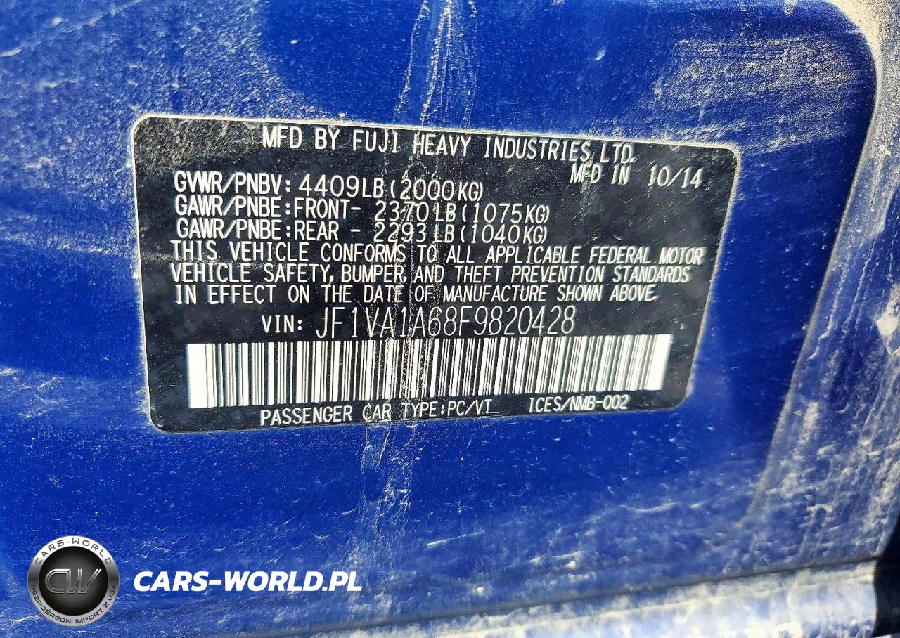 2015 Subaru Wrx VIN:JF1VA1A68F9820428 - 12