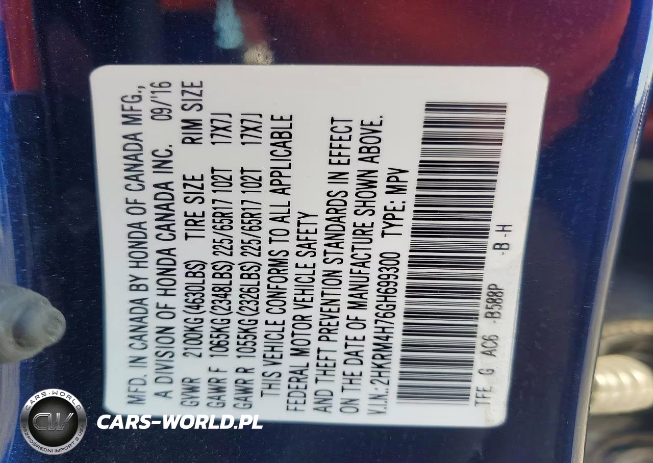 2016 Honda Cr-V Exl VIN:2HKRM4H76GH699300 - 13