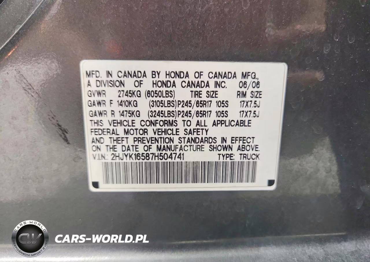2007 Honda Ridgeline Rtl VIN:2HJYK16587H504741 - 12