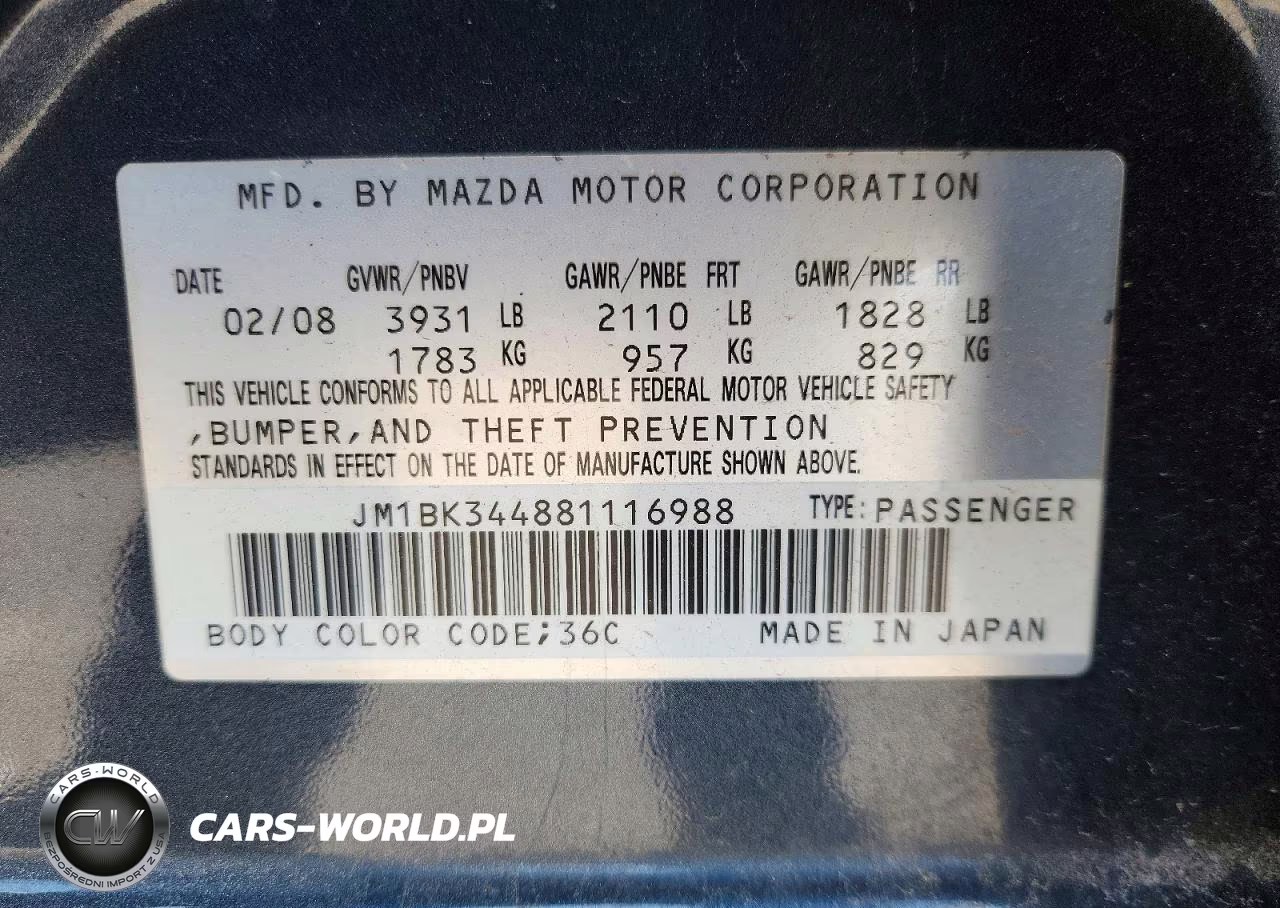 2008 Mazda 3 Hatchback VIN:JM1BK344881116988 - 12