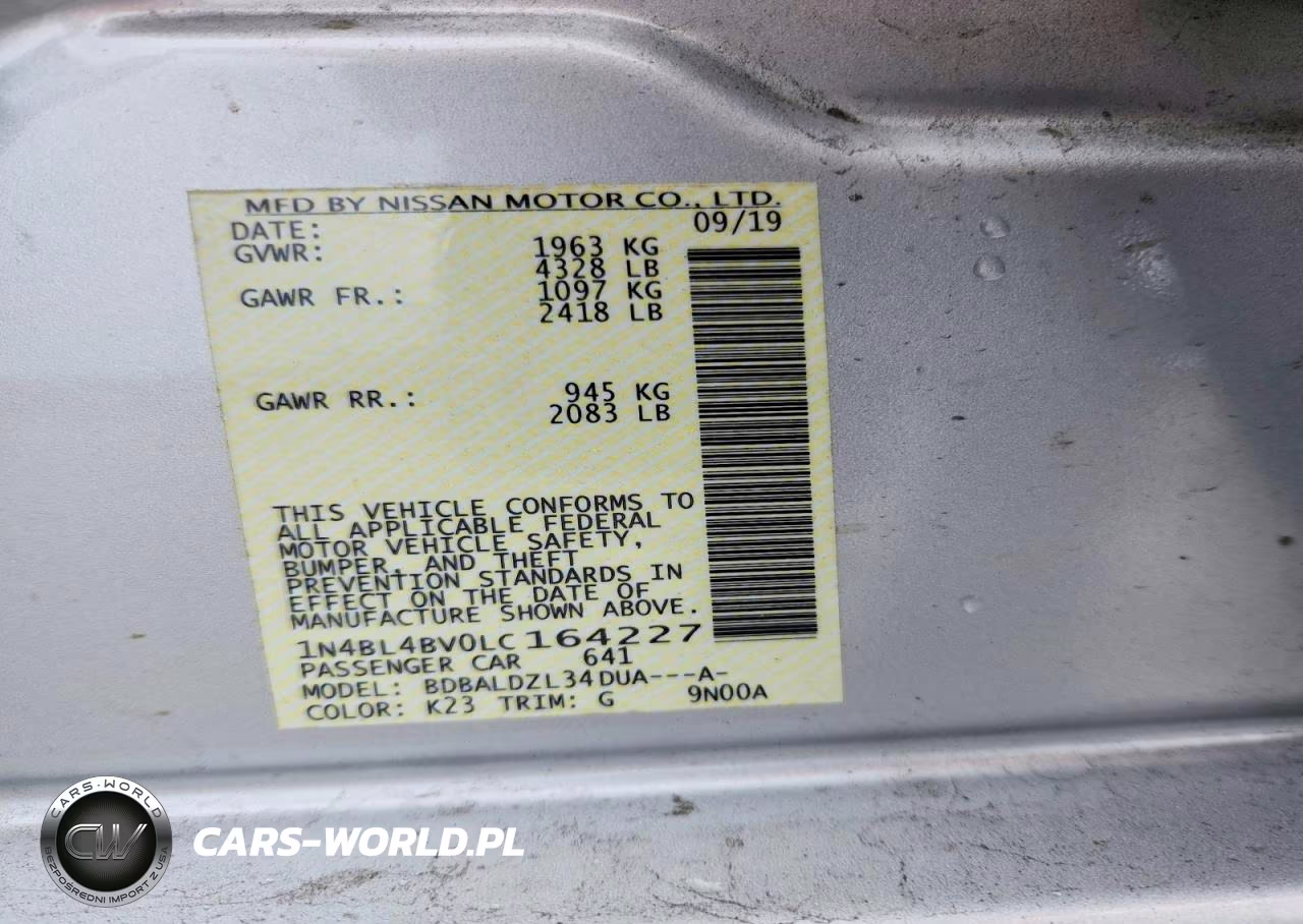 2020 Nissan Altima S VIN:1N4BL4BV0LC164227 - 12