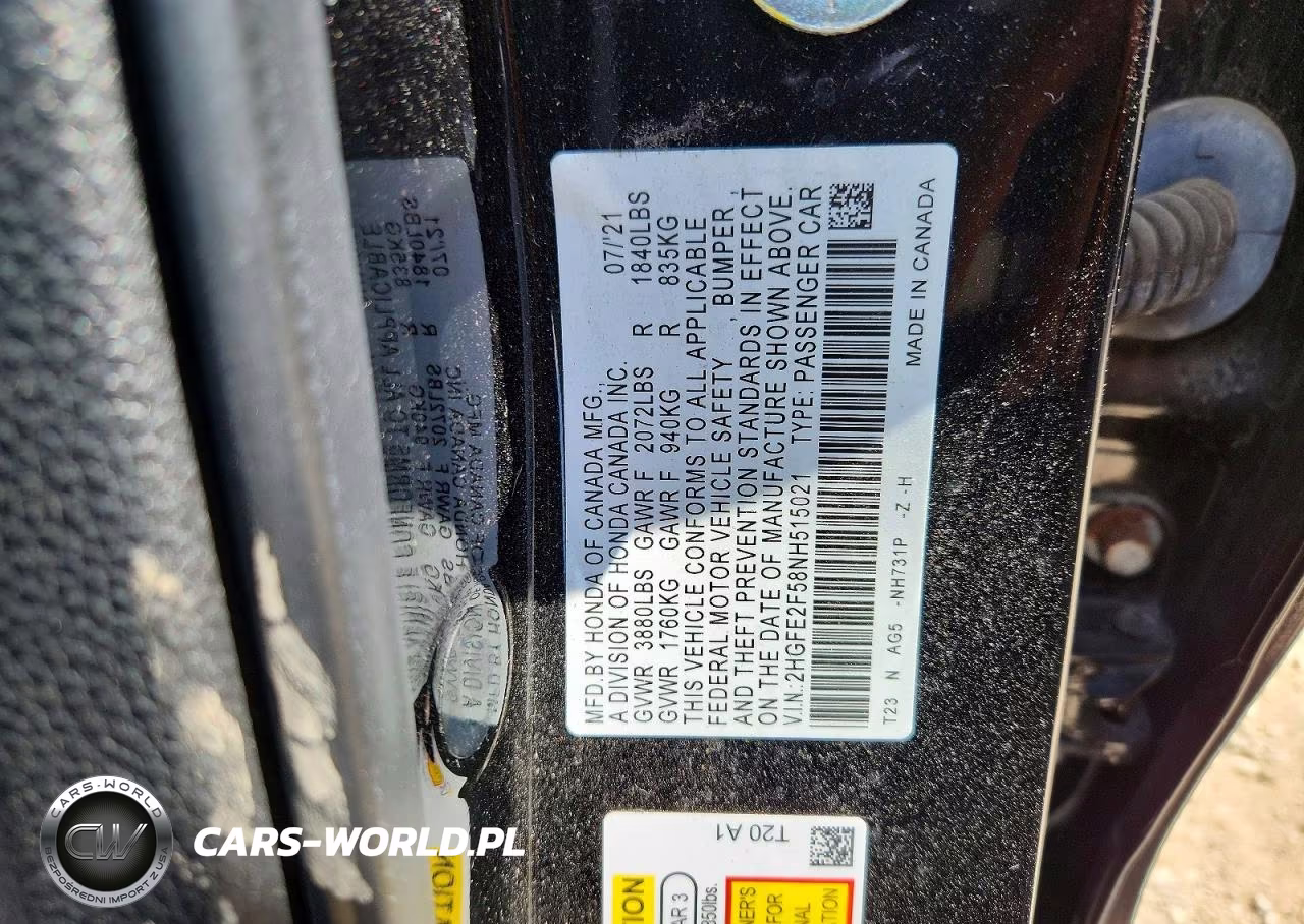 2022 Honda Civic Sport VIN:2HGFE2F58NH515021 - 12