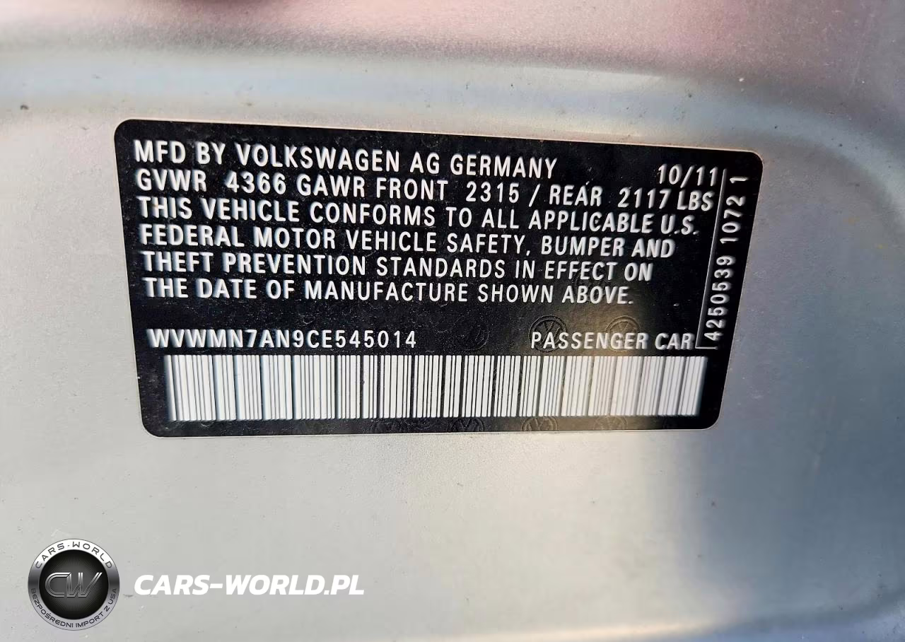 2012 Volkswagen Cc Sport VIN:WVWMN7AN9CE545014 - 12