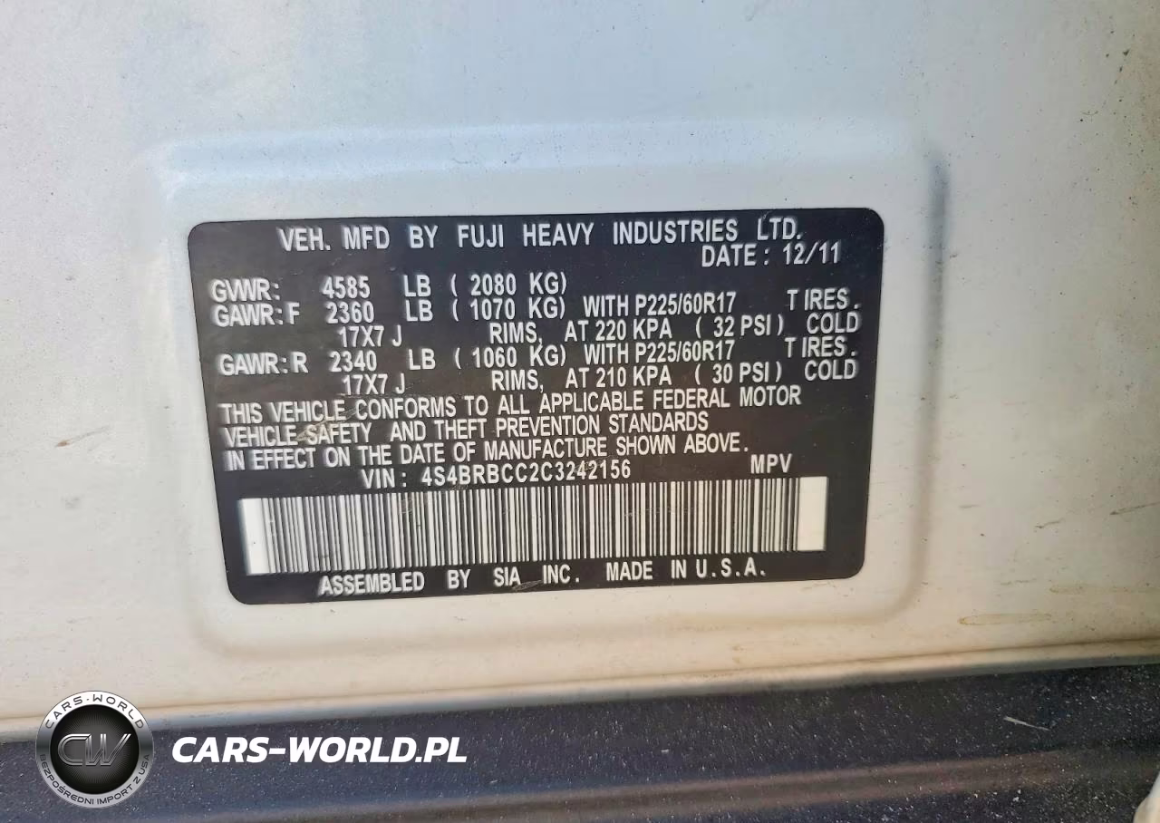 2012 Subaru Outback 2.5I Premium VIN:4S4BRBCC2C3242156 - 13