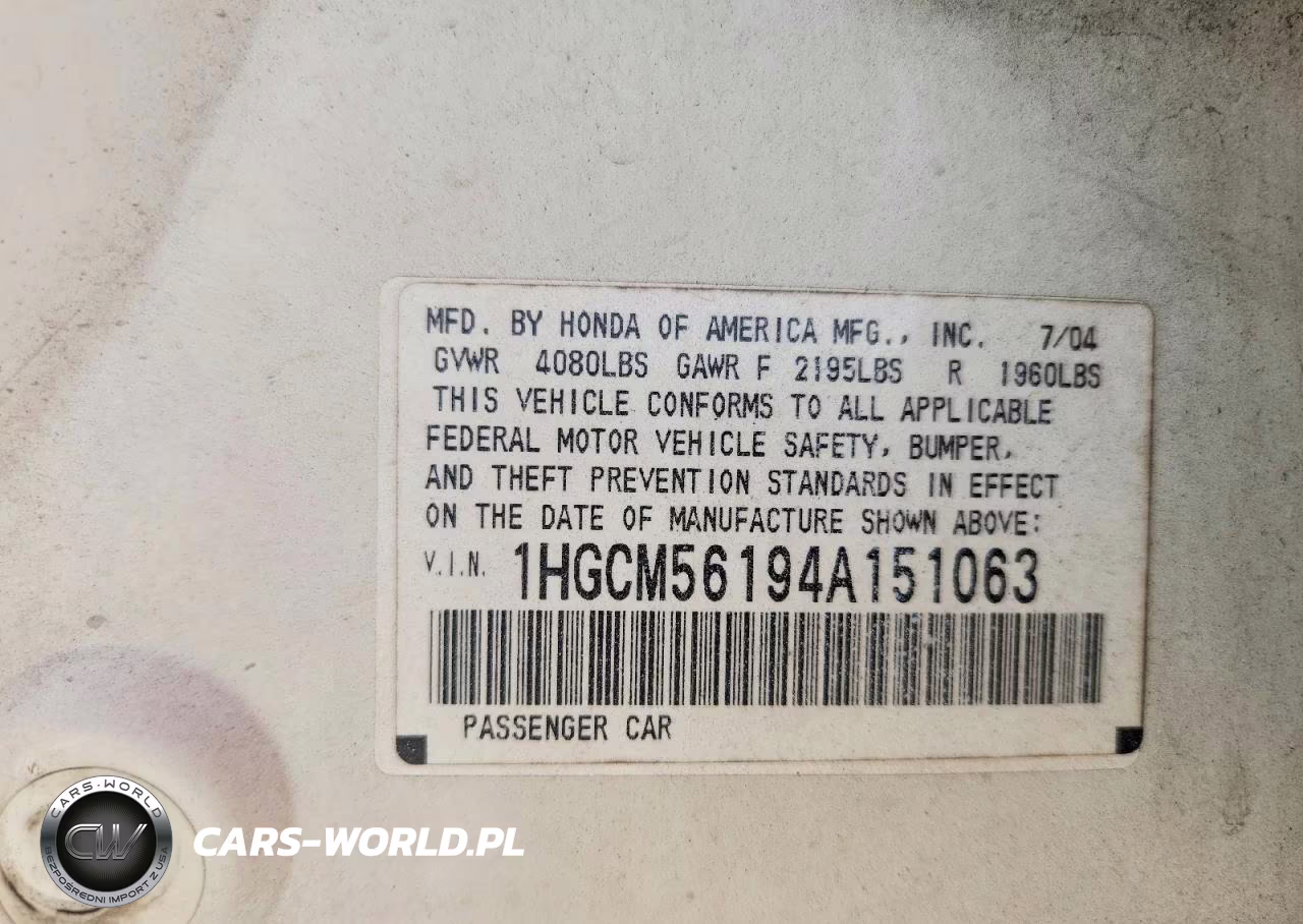 2004 Honda Accord Dx VIN:1HGCM56194A151063 - 13