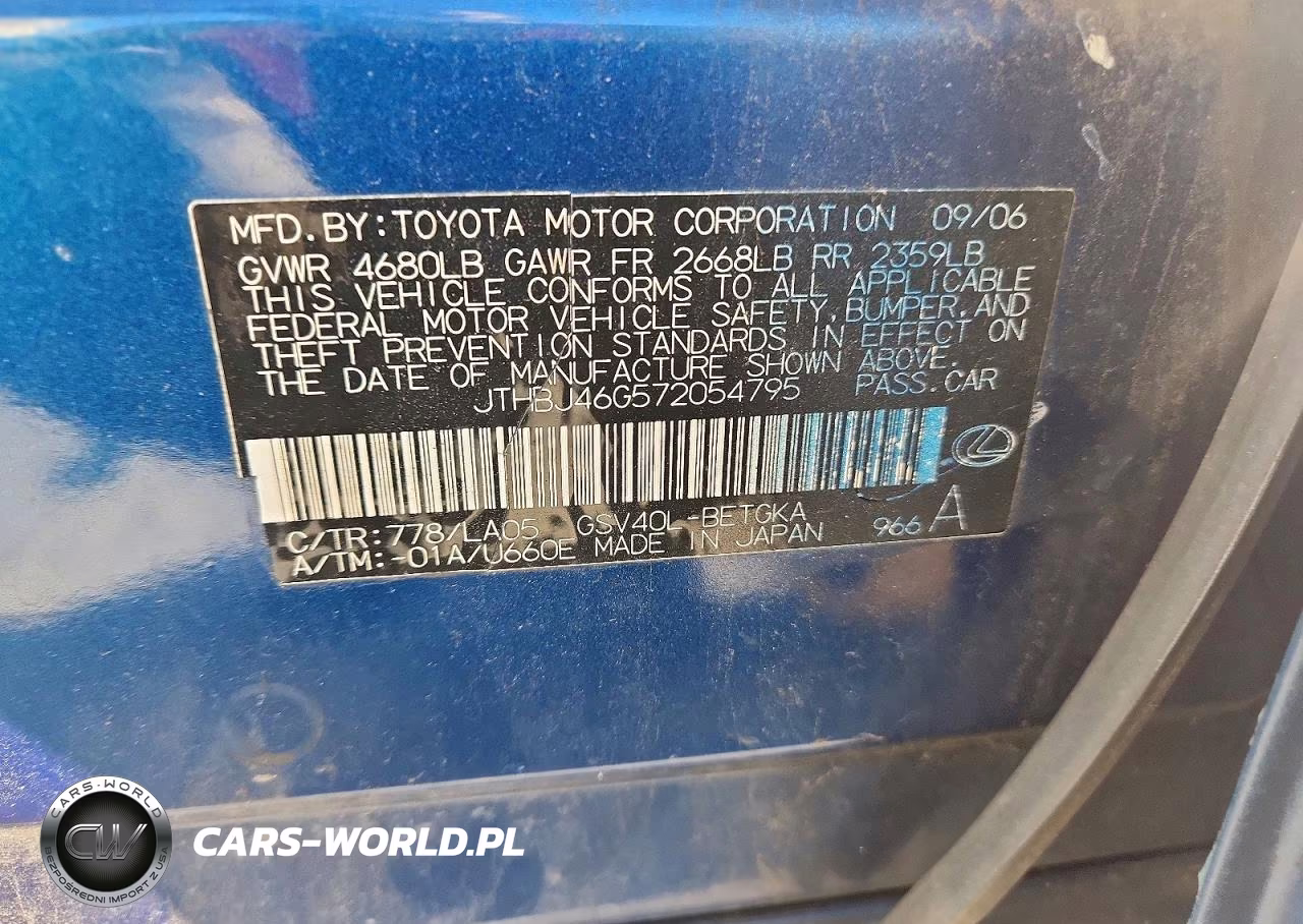 2007 Lexus Es 350 VIN:JTHBJ46G572054795 - 12