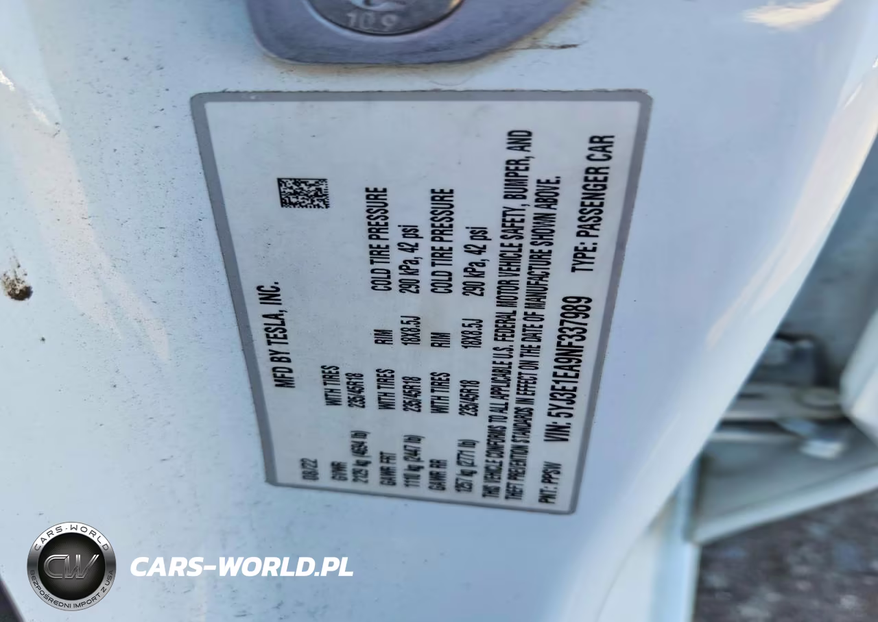 TESLA MODEL 3 VIN:5YJ3E1EA9NF337989 - 12