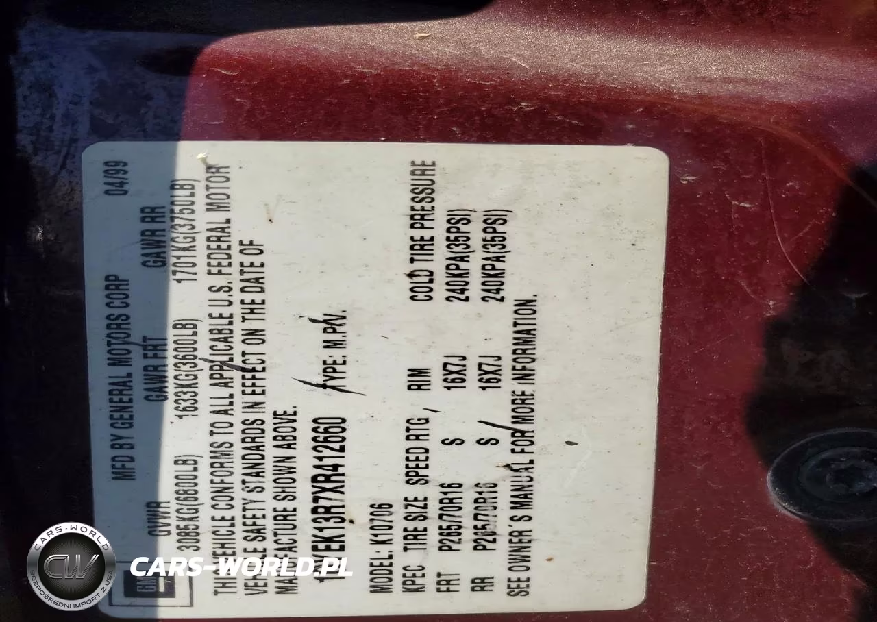 1999 Cadillac Escalade VIN:1GYEK13R7XR412660 - 13