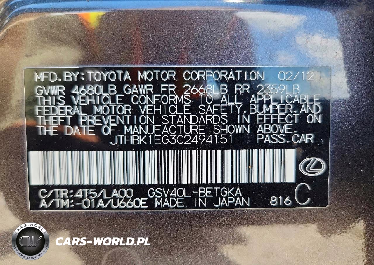 2012 Lexus Es 350 VIN:JTHBK1EG3C2494151 - 12