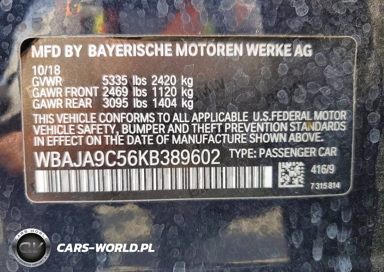 2019 BMW 530E VIN:WBAJA9C56KB389602 - 12