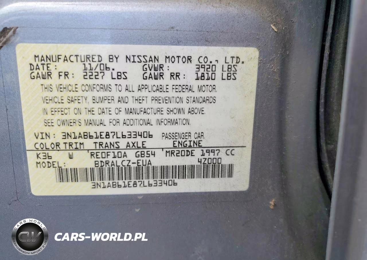 2007 Nissan Sentra 2.0 VIN:3N1AB61E87L633406 - 12