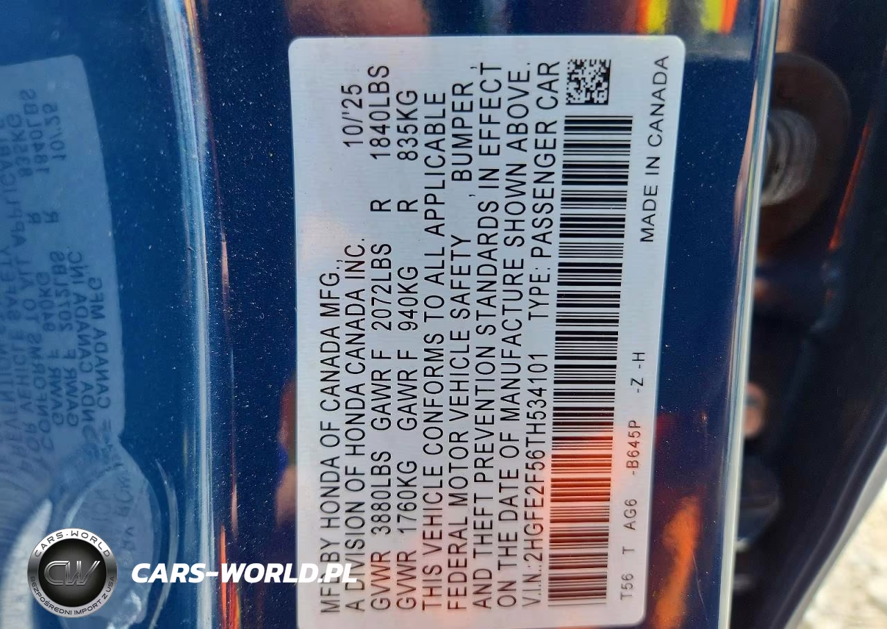 2026 Honda Civic Sport VIN:2HGFE2F56TH534101 - 12