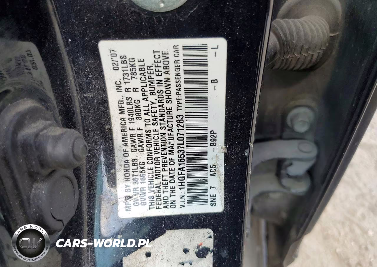 2007 Honda Civic Lx VIN:1HGFA16537L071283 - 12