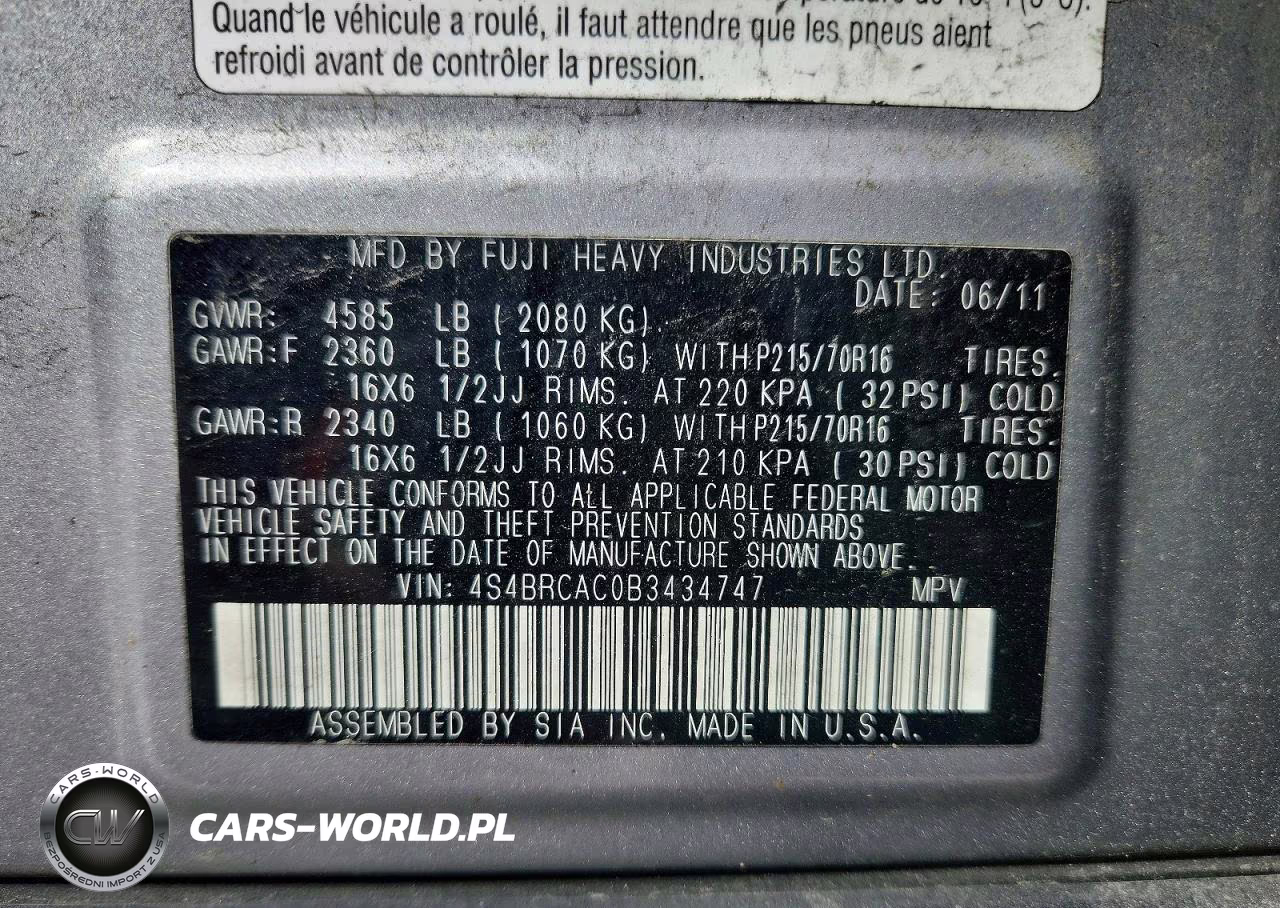 2011 Subaru Outback 2.5I VIN:4S4BRCAC0B3434747 - 12