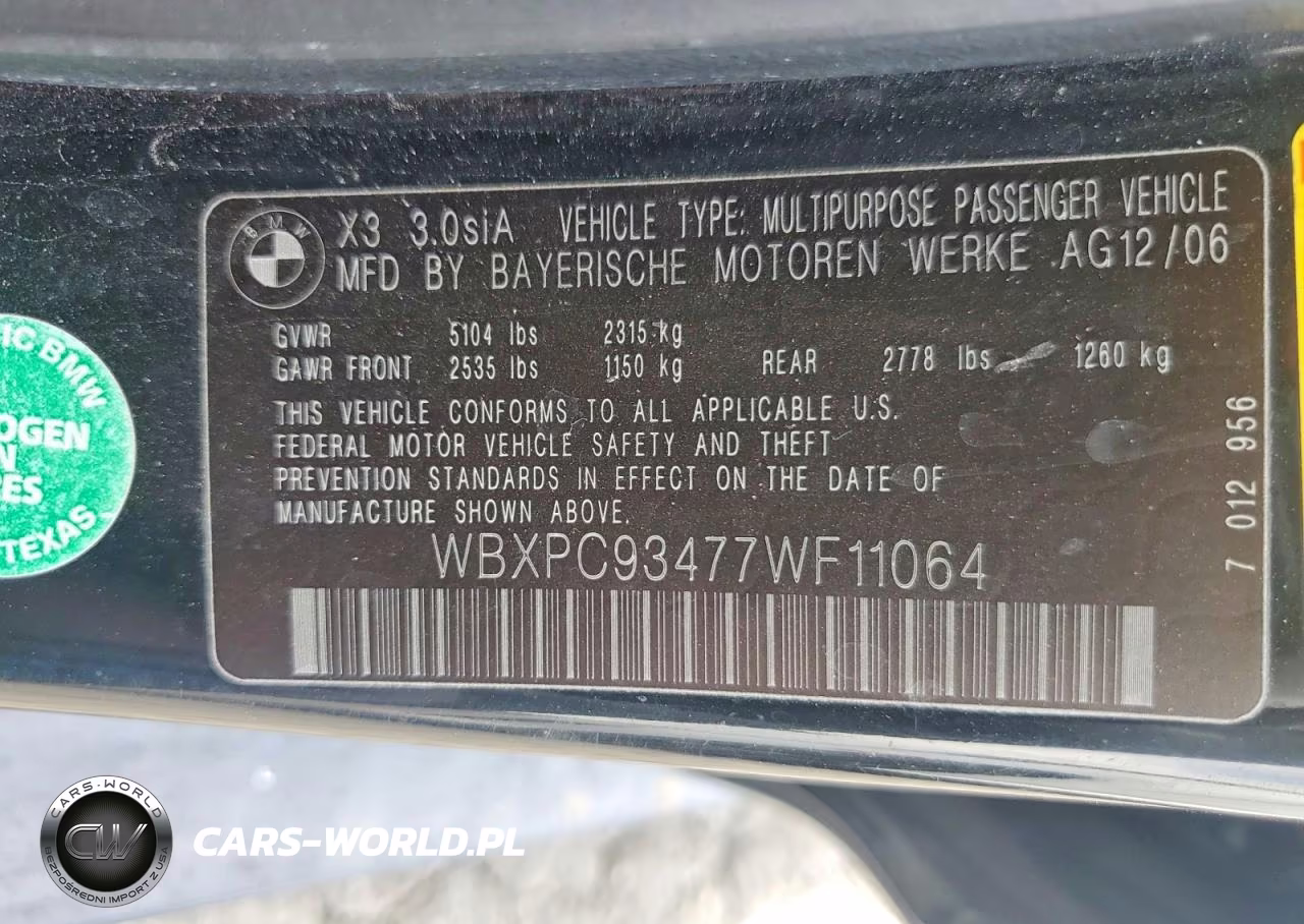 2007 BMW X3 3.0Si VIN:WBXPC93477WF11064 - 13