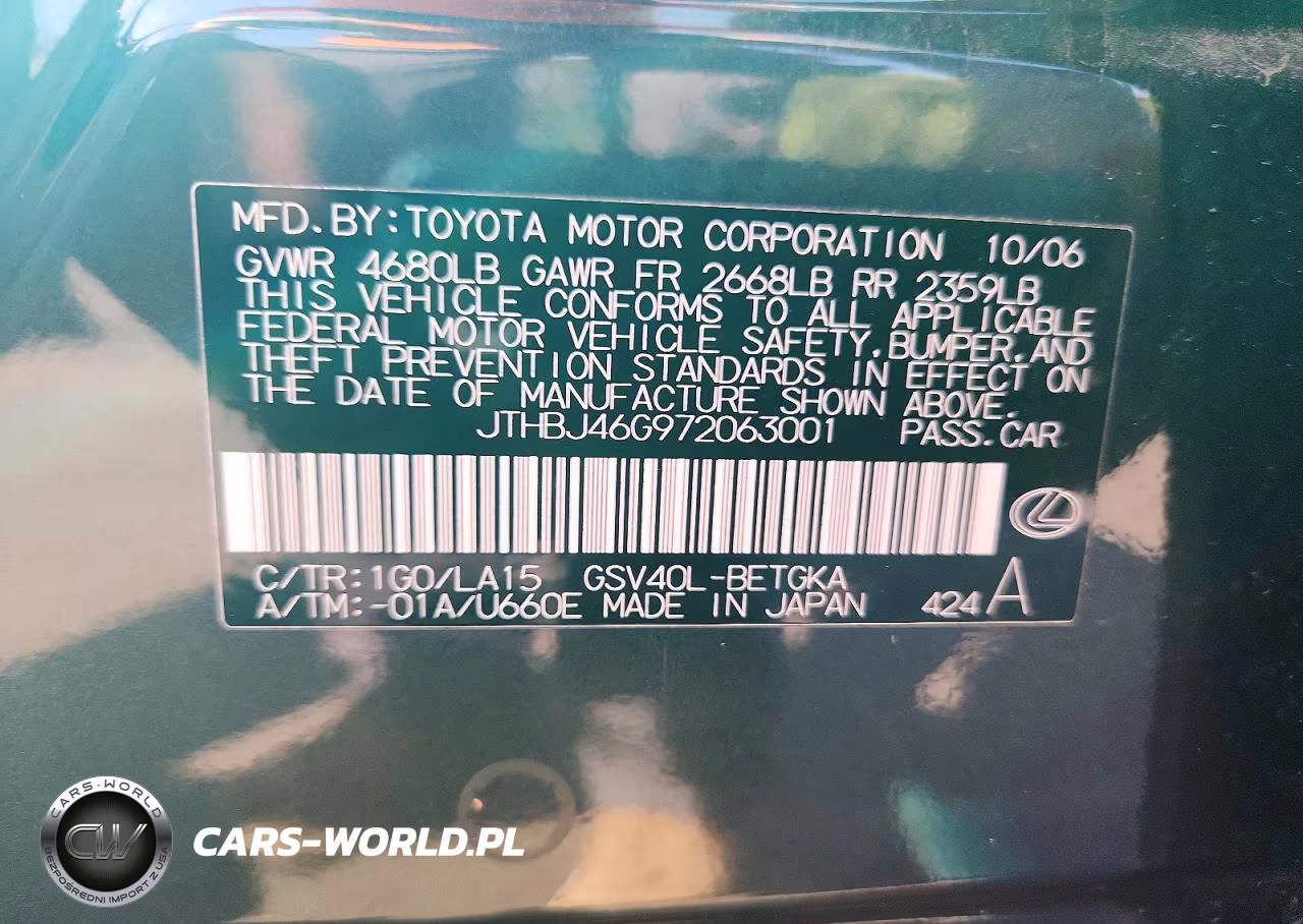 2007 Lexus Es 350 VIN:JTHBJ46G972063001 - 13