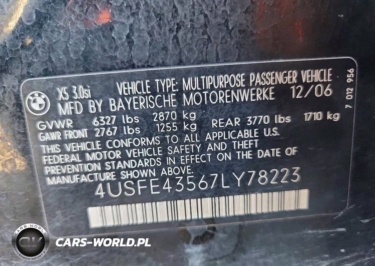 2007 BMW X5 3.0I VIN:4USFE43567LY78223 - 13