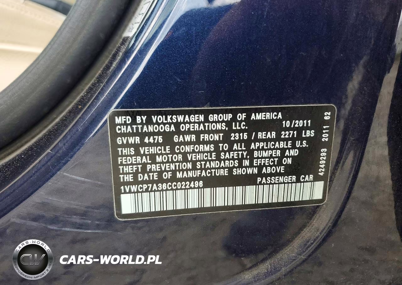 2012 Volkswagen Passat Sel VIN:1VWCP7A36CC022496 - 12