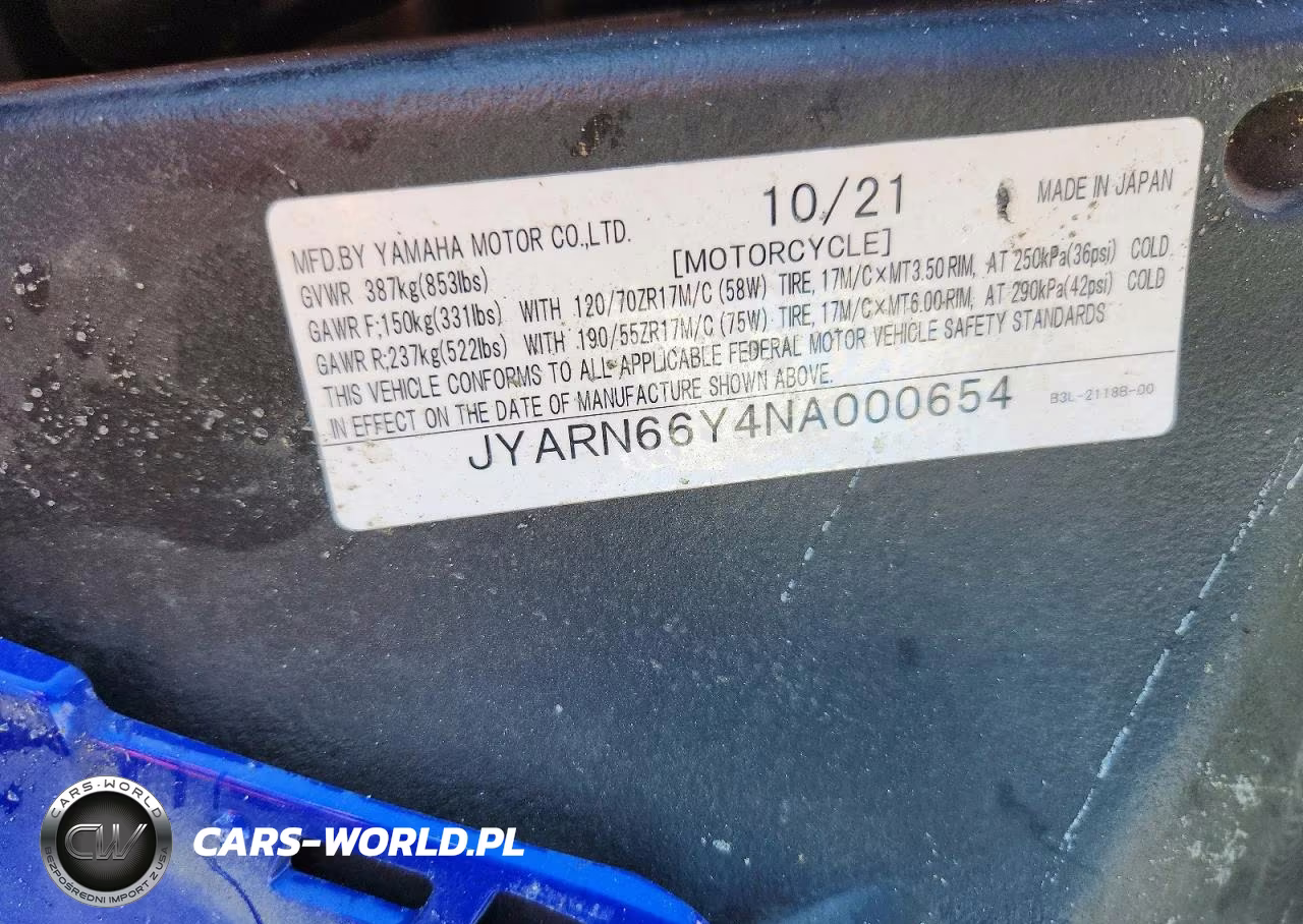 2022 Yamaha Yzfr1 VIN:JYARN66Y4NA000654 - 8