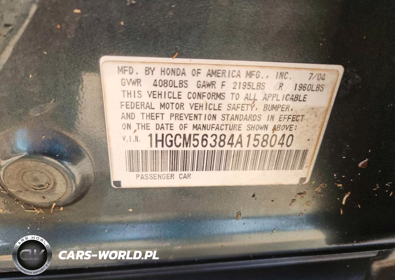 2004 Honda Accord Lx VIN:1HGCM5638A158040 - 12