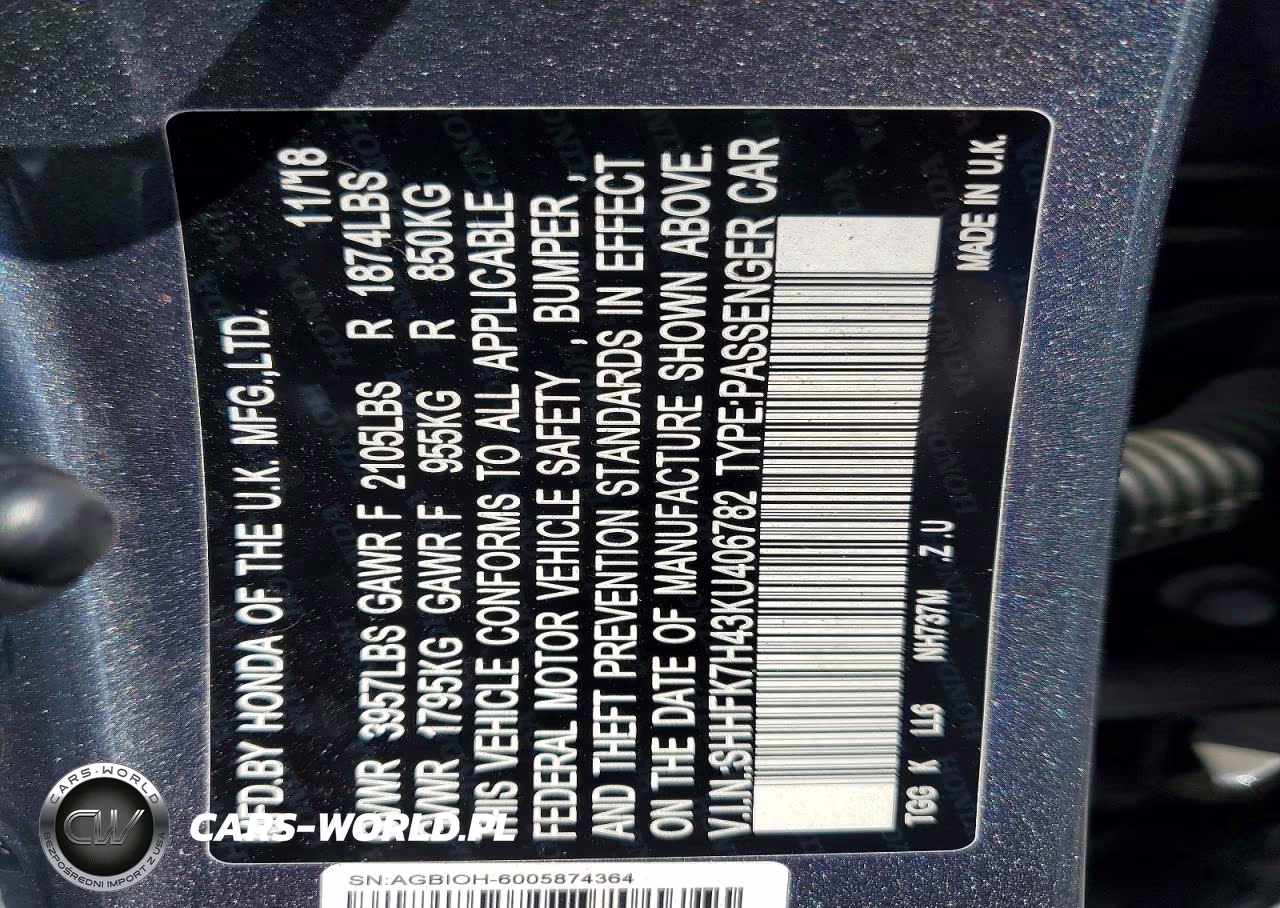 2019 Honda Civic Sport VIN:SHHFK7H43KU406782 - 13