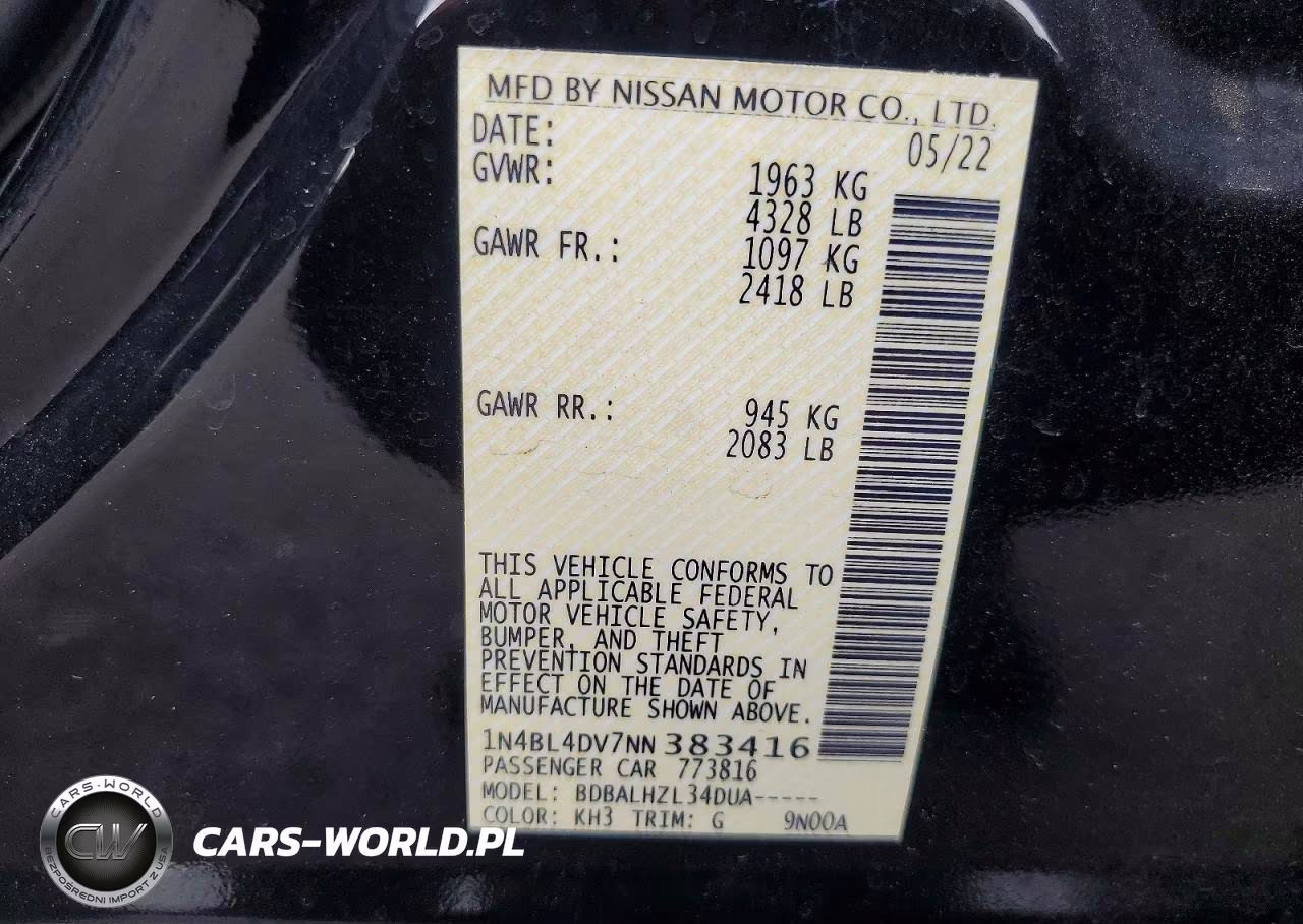 2022 Nissan Altima Sv VIN:1N4BL4DV7NN383416 - 12
