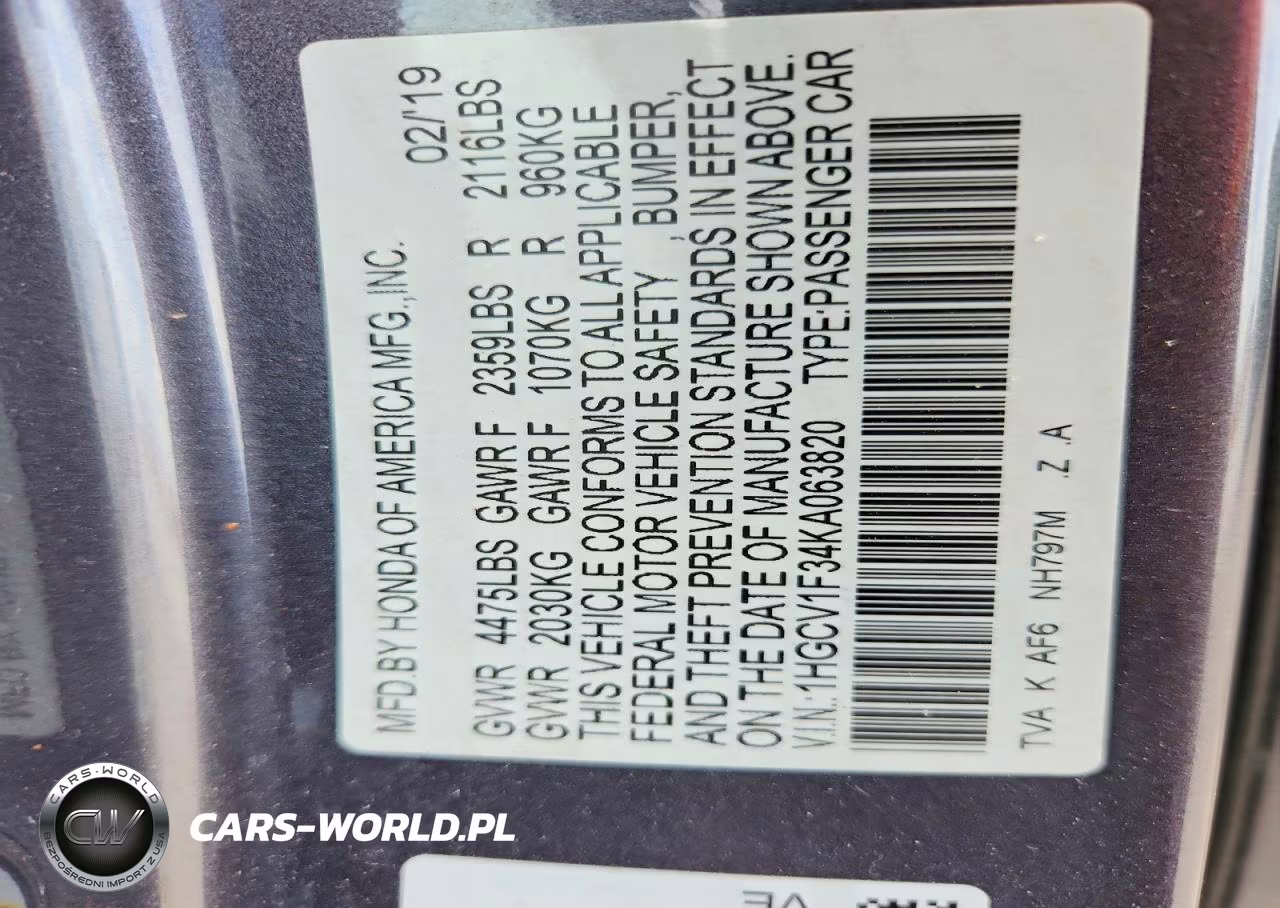 2019 Honda Accord Sport VIN:1HGCV1F34KA063820 - 12