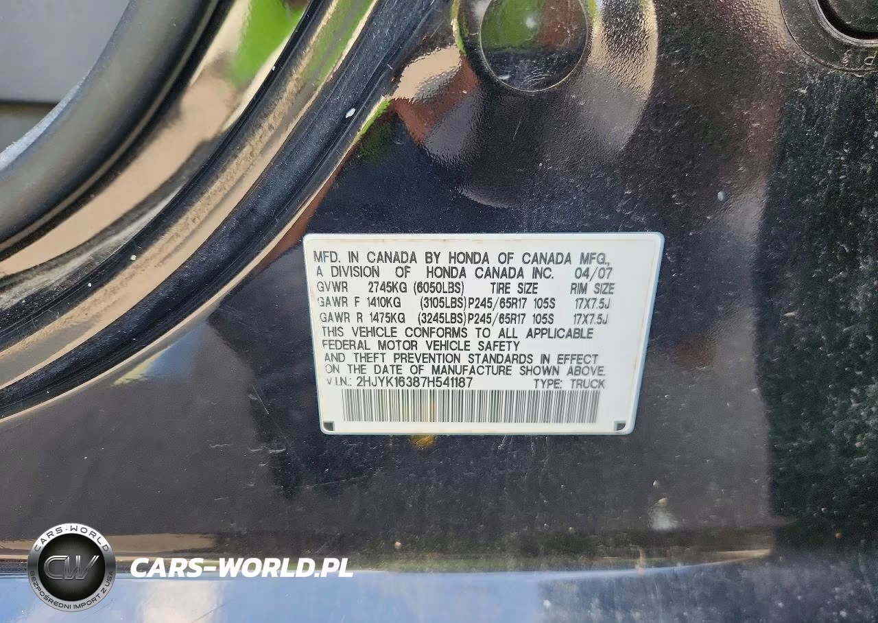 2007 Honda Ridgeline Rtx VIN:2HJYK16387H541187 - 12