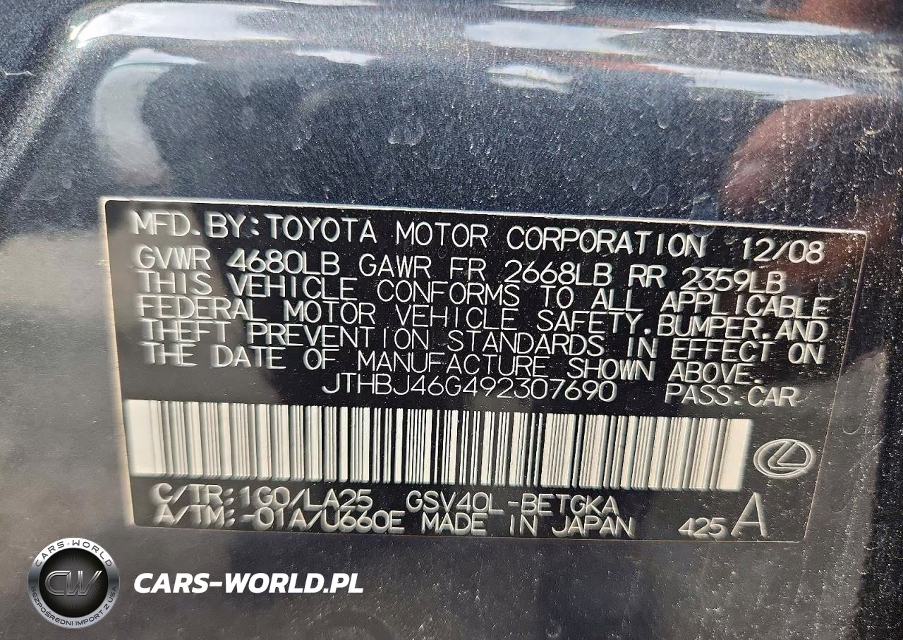 2009 Lexus Es 350 VIN:JTHBJ46G492307690 - 12