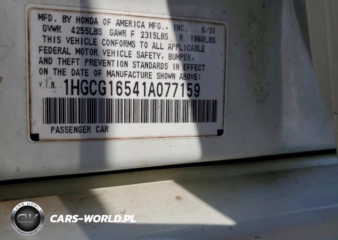 2001 Honda Accord Ex VIN:1HGCG16541A077159 - 12
