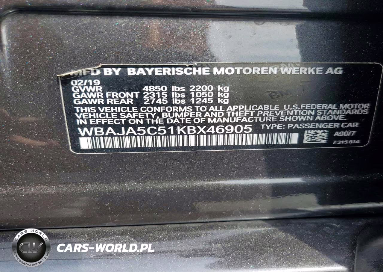 2019 BMW 530 I VIN:WBAJA5C51KBX46905 - 12