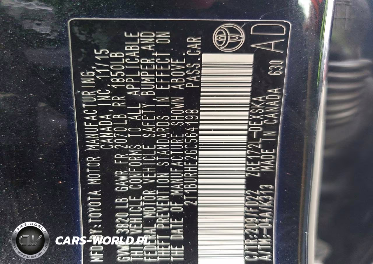 2016 Toyota Corolla S Plus VIN:2T1BURHE2GC564198 - 12