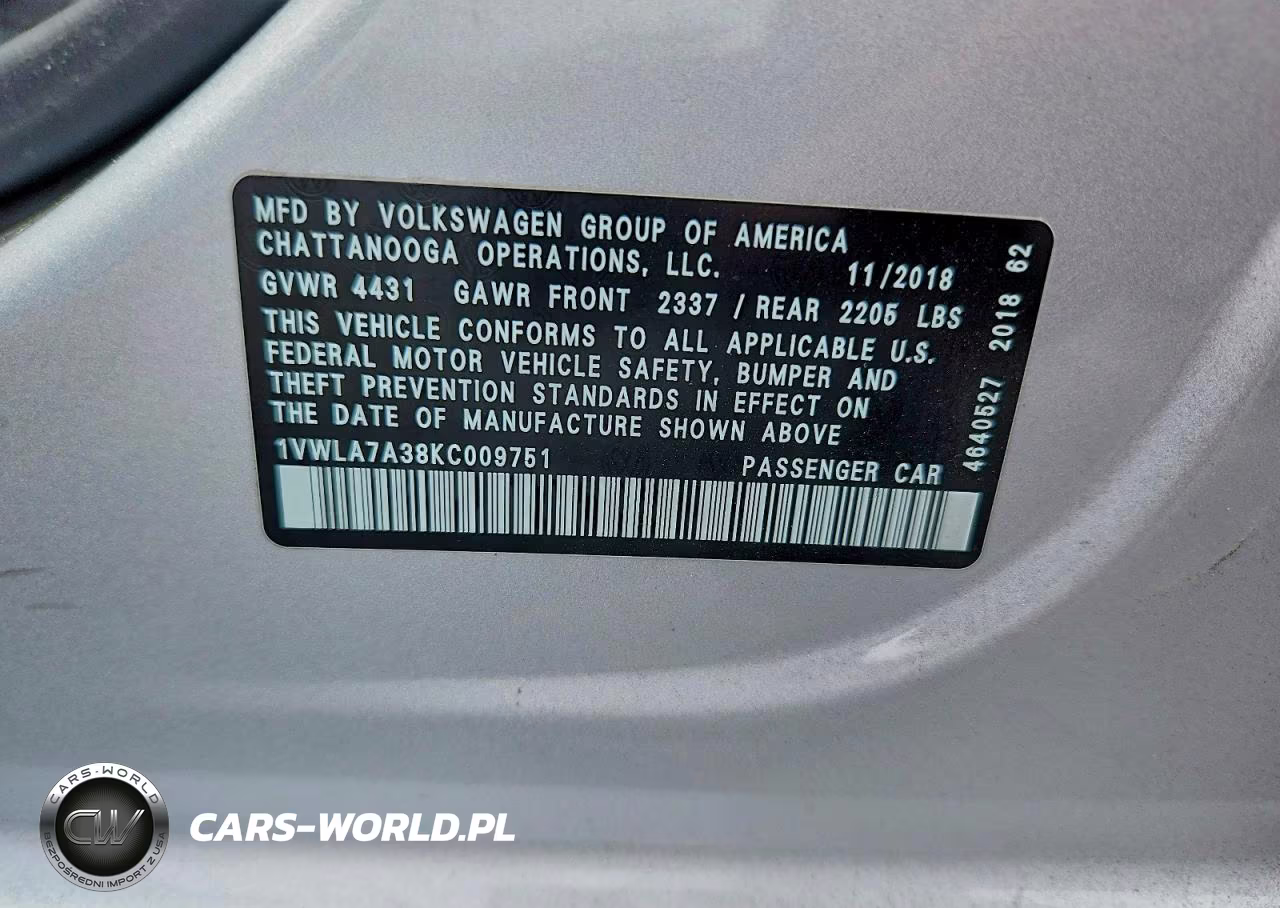 2019 Volkswagen Passat Wolfsburg VIN:1VWLA7A38KC009751 - 12