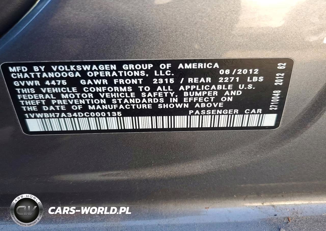 2013 Volkswagen Passat Se VIN:1VWBH7A34DC000135 - 12