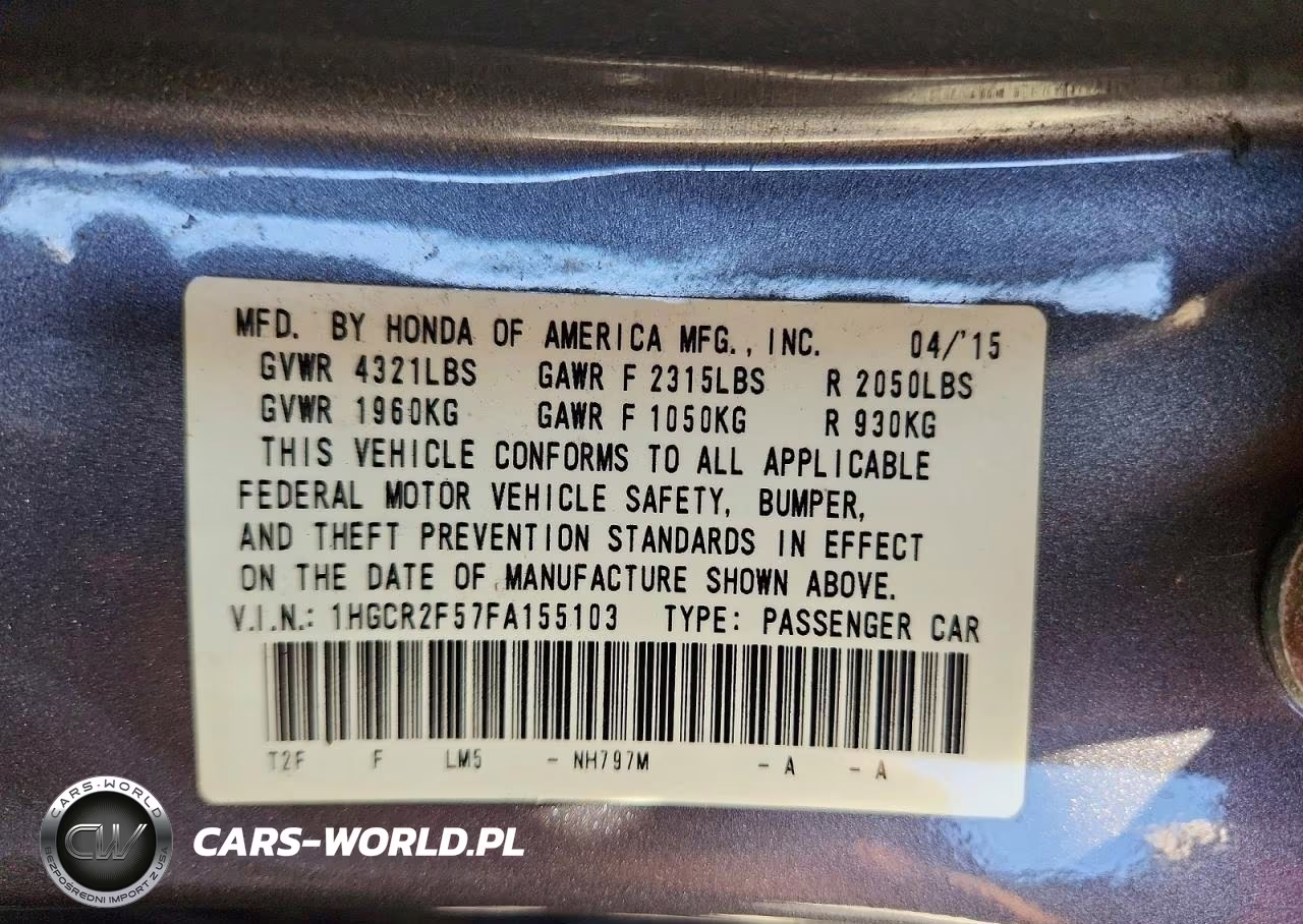 2015 Honda Accord Sport VIN:1HGCR2F57FA155103 - 12
