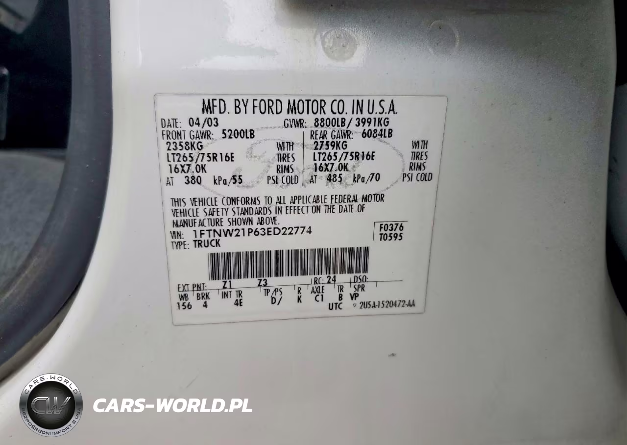 2003 Ford F250 Super Duty VIN:1FTNW21P63ED22774 - 12