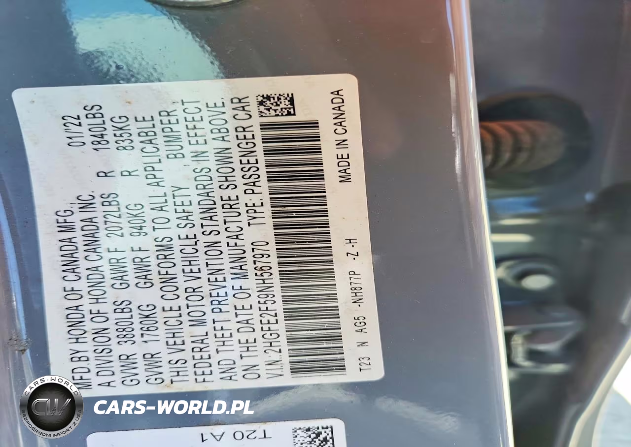 2022 Honda Civic Sport VIN:2HGFE2F59NH567970 - 12
