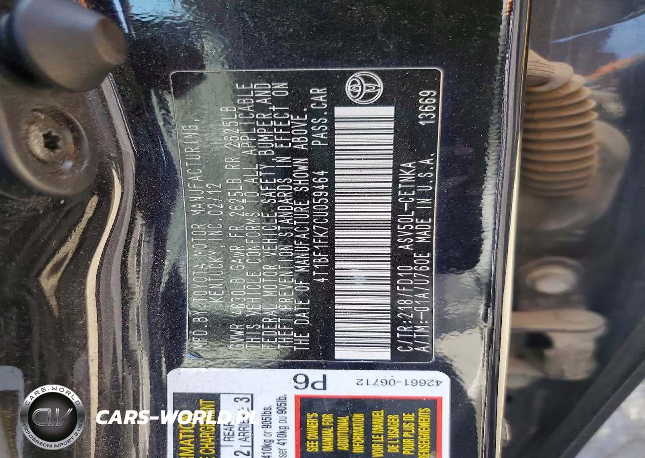 2012 Toyota Camry Le VIN:4T1BF1FK7CU059464 - 12