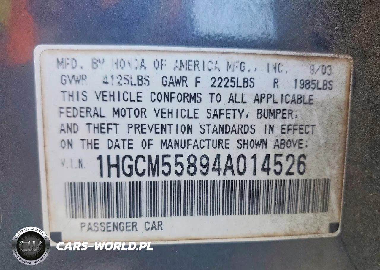 2004 Honda Accord Ex VIN:1HGCM55894A014526 - 13